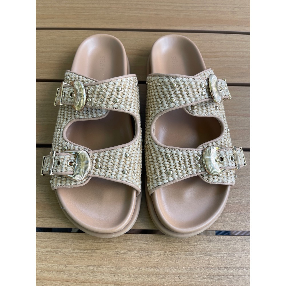 Steve Madden Zuree Tan Raffia Gold Studded Buckle Chunky Slide Sandals 8.5M